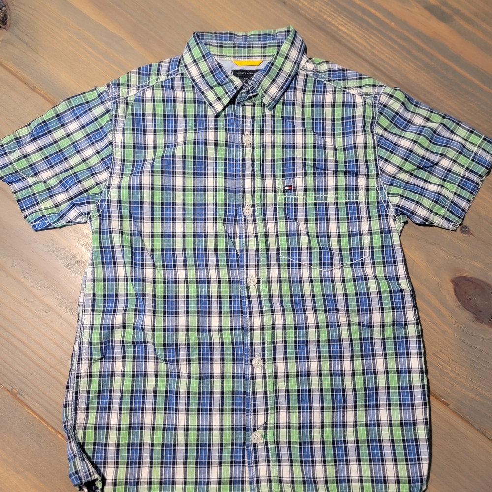 Tommy Hilfiger Kids Spring Blue and Green Plaid Button Down Short Sleeved sz 8
